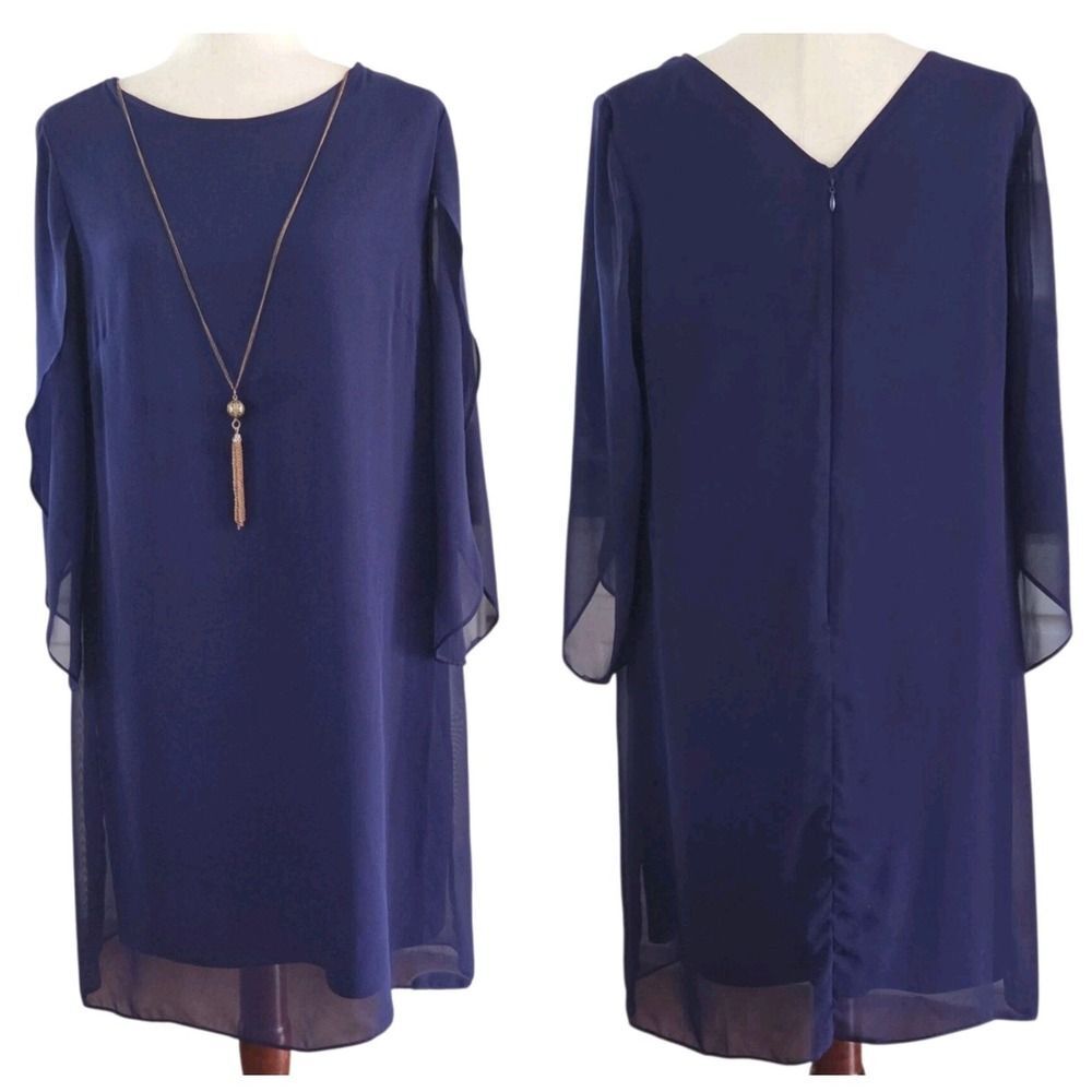 SLNY Fashion Women's Lined Dress Size 12 Split Sleeve Necklace Shift Dress Blue‎